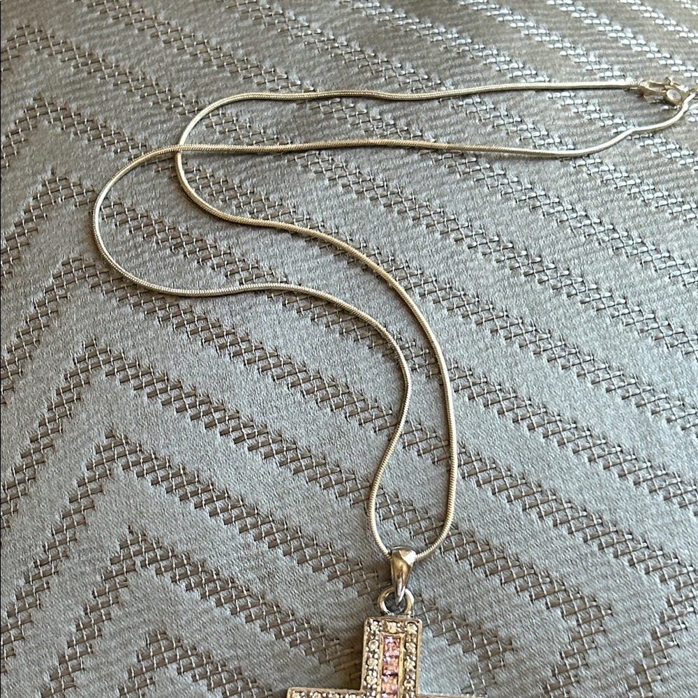Vintage Pink and Silver Cross Necklace - Picture 5 of 17
